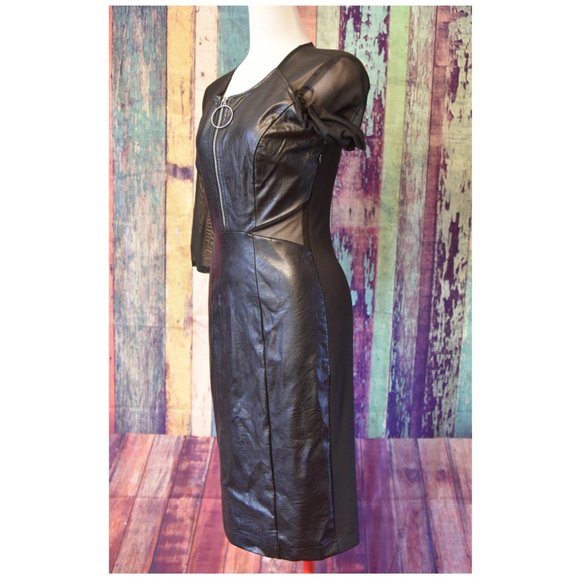 Rinascimento - Faux-leather Sheer Sleeves Little Black Dress (Made in Italy) - Picture 2 of 11